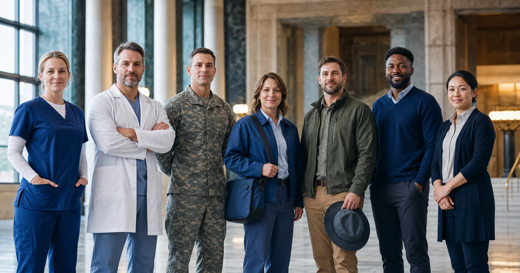 Nurses, physicians, military personnel, field workers, and civilian professionals representing the federal workforce