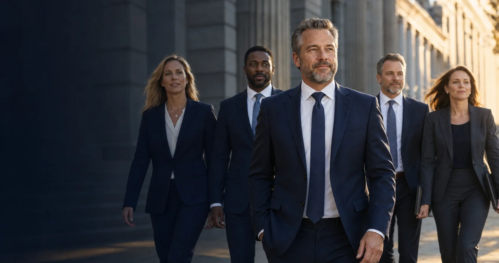 A confident team of professional benefits consultants walking through a civic business district