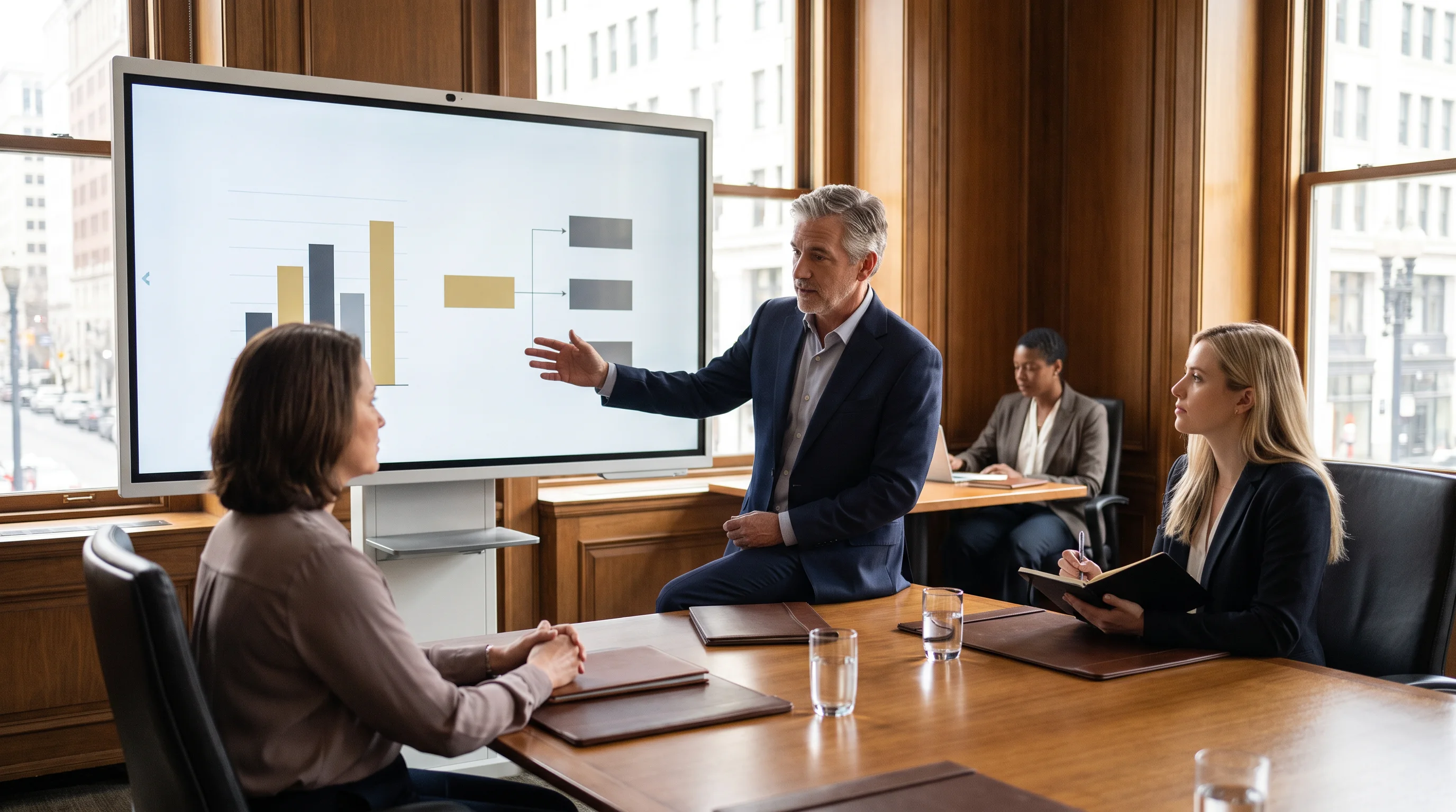 A veteran consultant presenting benefits information to a federal employee while a newly trained agent observes and takes notes